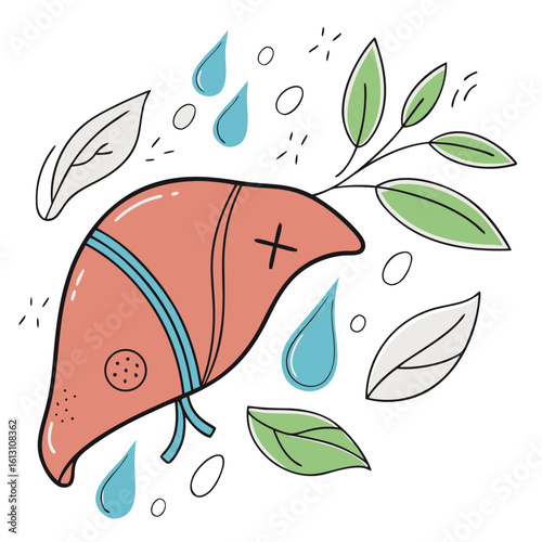A sick liver is represented with a plant to represent health and wellness, isolated on white background