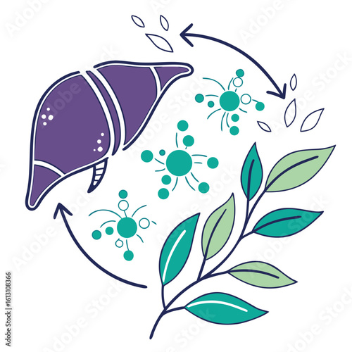 A vibrant illustration of a liver surrounded by leaves, arrows, and molecular structures symbolizes liver health and detoxification processes