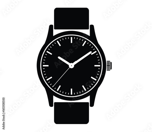 "Black and White Analog Wristwatch Illustration — Minimalist Timekeeping Symbol for Lifestyle, Punctuality, Business, and Vintage Design Themes"