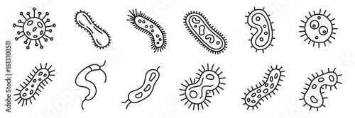 Bacteria, microbe, virus outline vector icon set. Microscopic bacterium and bacillus collection, isolated on white background.