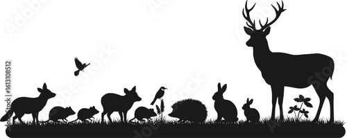 Silhouette of Various Wild Forest Animals Including Deer, Fox, Rabbits, and Birds in Grass, Representing Wildlife, Nature, and Ecosystems.
