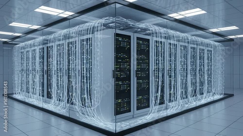 A High-Tech Server Room with Complex Data Connections Illuminating a Modern Data Center: An Overview of Advanced Networking Infrastructure and Storage Solutions