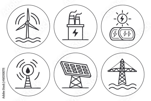 Illustrations of renewable energy sources including wind turbines, solar panels, and power plants isolated on white background