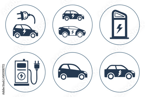A set of electric vehicle icons showcases the future of sustainable transportation and renewable energy solutions