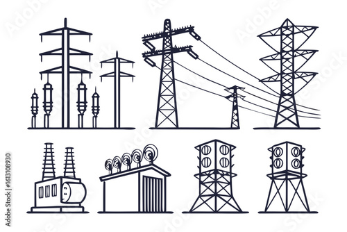 A collection of electricity pylon and power plant illustrations isolated on white background