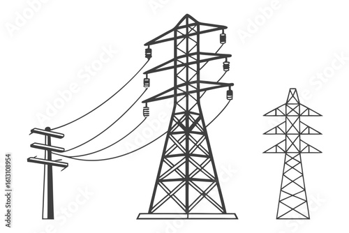 Illustration of electricity pylons and power lines isolated on white background