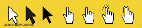 Mouse cursor set. Arrows web cursors, digital hand pointers. Arrow cursor pixel digital, web pointing and hourglass illustration.