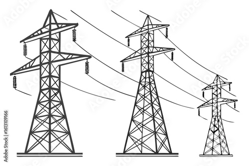 Three electricity pylons stand tall, isolated on white background, showcasing the power transmission infrastructure