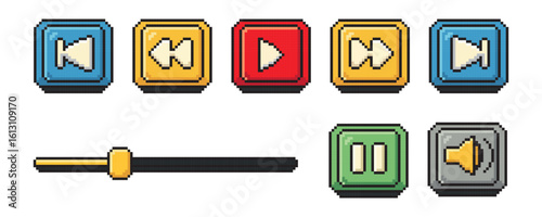 Set of interface menu buttons in pixel art. Collection of menu panels. Play, pause, save, 8-bit sprite. Game development, mobile application. Isolated vector illustration.