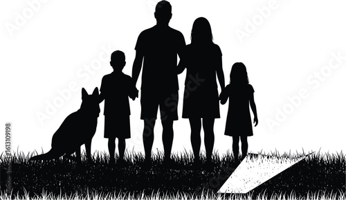 Silhouette of a Loving Family with Their Pet Dog Standing in Grass, Representing Togetherness, Home, and Animal Companionship, Ideal for Lifestyle and Relationship Concepts.