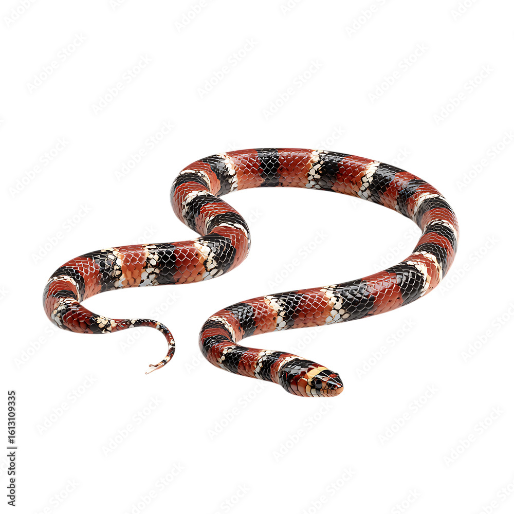 Naklejka premium A colorful coral snake with striking red, black, and white bands, isolated on white on transparent background