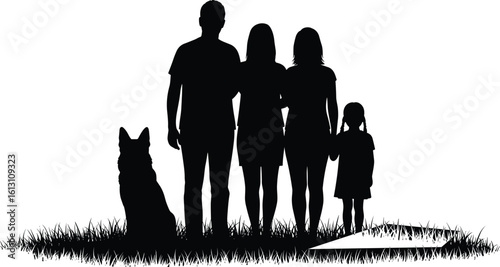 Silhouette of a Loving Family with Their Pet Dog Standing in Grass, Representing Togetherness, Home, and Animal Companionship, Ideal for Lifestyle and Relationship Concepts.