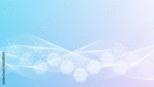 Health care or medical abstract background with hexagons, lines and dots. Scientific innovation banner template concept. Biology and pharmaceutical technology background. Vector illustration.
