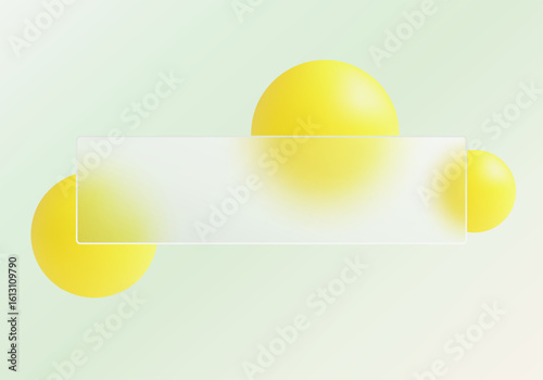Banner with a transparent panel in the style of glass morphism and softly glowing yellow balls on a pale green background.