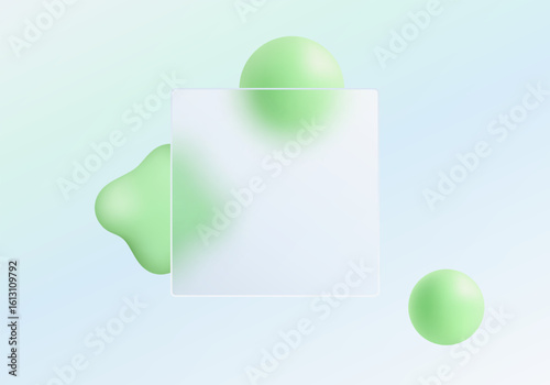 Vector banner with a transparent panel and green spheres in a light glass morphism style.