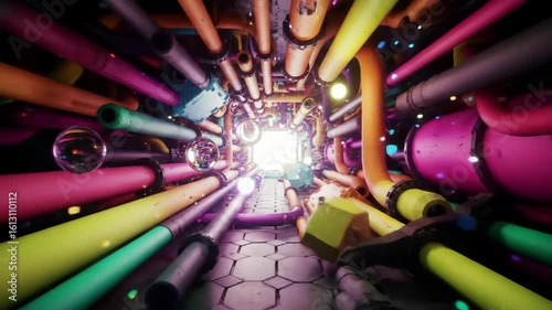  Psychedelic geometric tunnel, glowing light, floating orbs, forward dolly, shifting colors 