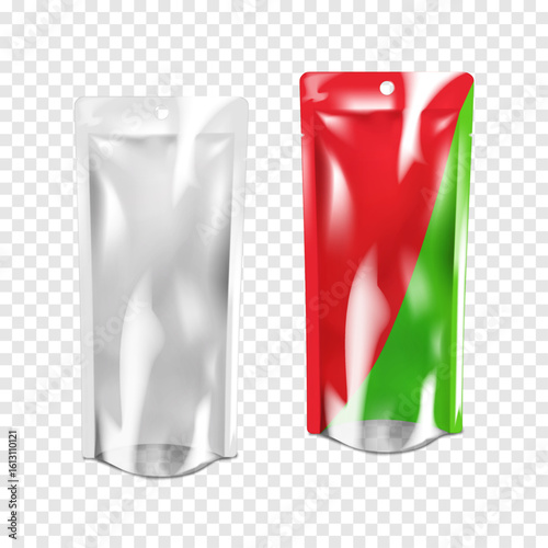 White blank hanging stand-up pouch with transparent front and bottom. Realistic 3d vector mockup. Tear notch gusseted sachet packet. Mock-up. Standup clear plastic bag packaging. Template for design