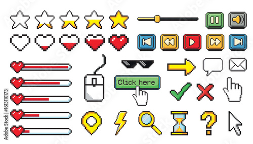 Pixel game menu buttons. Game 8 bit ui controller arrows, level and live bars, menu, stop, play buttons vector illustration set. Gaming menu buttons. Game interface pixel, gui 8-bit graphic.