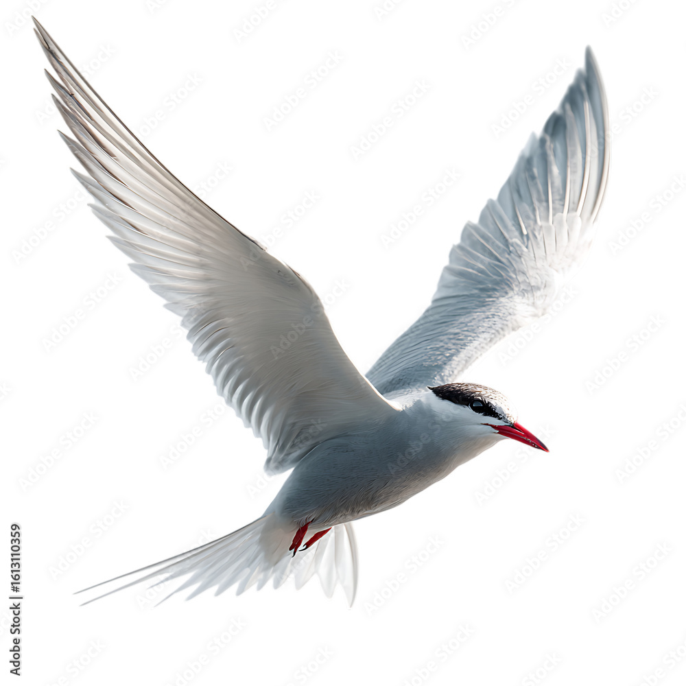 Obraz premium An arctic tern with wings spread wide, captured in midflight against a transparent background on transparent background