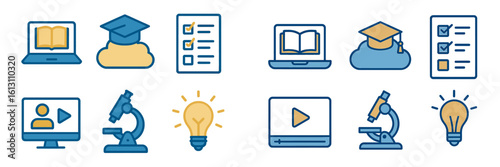 Educational icons representing various online learning activities and tools for students and educators