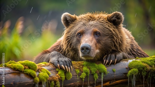 Grizzly Bear Resting on Mossy Log in Rain, Wildlife Photography, Serene Mood