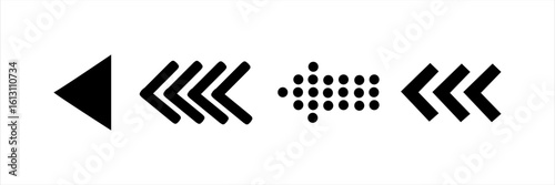 Collection of left arrow icons in different bold and dot styles. Flat black symbols for UI, navigation, web, direction, interface, and media buttons.