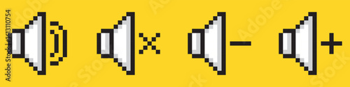 Set volume icons. Dynamic pixel icons. Load speaker, turn on, turn off, mute. Sound signal control symbol. Retro game, 8-bit design