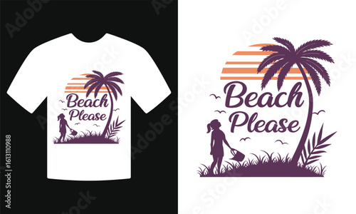 Tropical Beach Please Graphic Tee with Sunset and Palms
