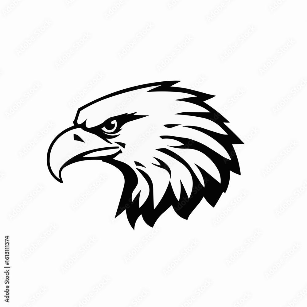 Obraz premium Bold Fierce Eagle Head Logo in Black and White, Sharp Vector Design of Powerful Bird of Prey, Ideal for Sports Teams, Outdoor Brands, Wildlife Groups, and Strong Mascot Branding
