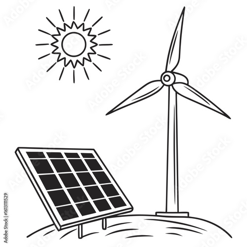 A black and white illustration of a solar panel, windmill, and sun representing renewable energy sources, isolated on white background