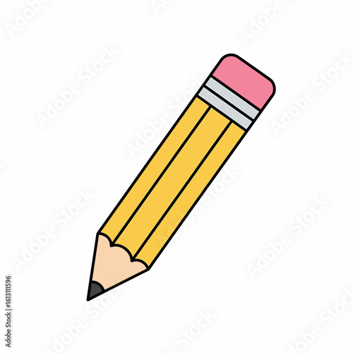 Classic yellow faceted pencil with a pink eraser and sharpened graphite tip cartoon style illustration.
