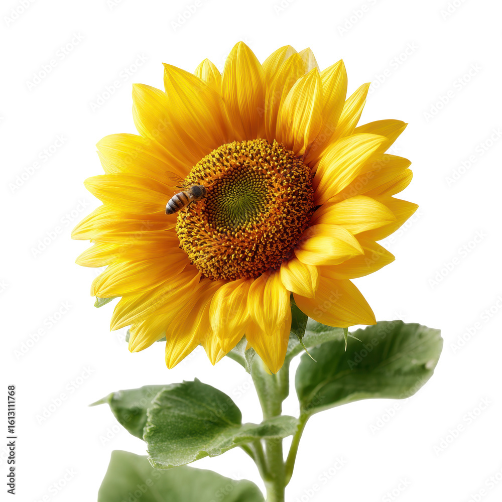 Fototapeta premium A sunflower with a bee collecting nectar isoleted on transparent background .