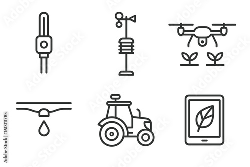 Innovative agricultural technology tools showcased in a modern farming setup with sensors, drones, and equipment