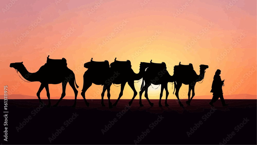 Obraz premium Silhouetted Camel Caravan at Sunset, Nomadic People Leading Camels Across Desert Landscape, Traditional Middle Eastern Journey, Warm Color Sky, Adventure Travel and Cultural Exploration