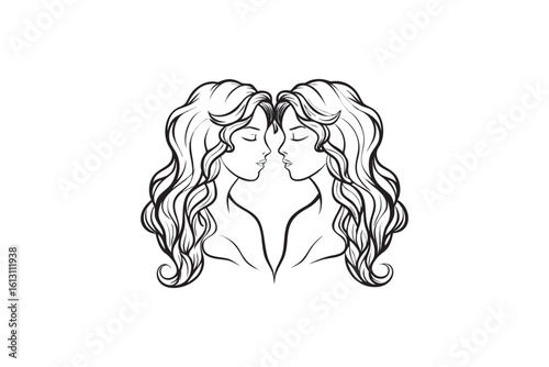 Elegant Gemini Zodiac Sign Illustration Twin Female Figures with Flowing Hair in a Minimalist Black and White Line Art Style for Astrological Designs