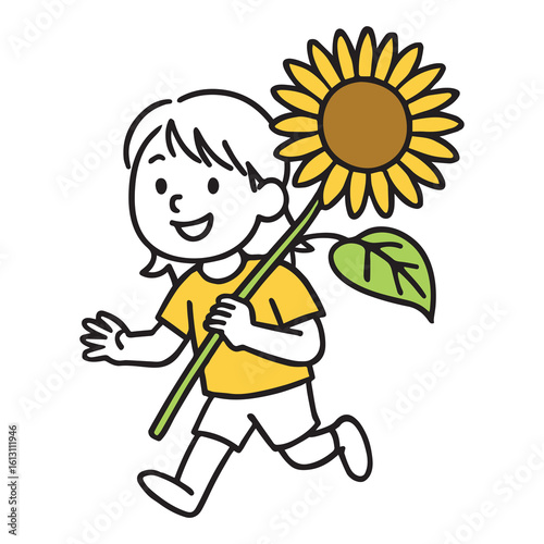 Joyful Girl Walking with Big Sunflower. Childhood and Nature Theme