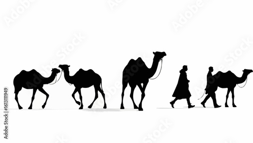 Silhouetted Camels and Nomad Walking in Desert, Traditional Caravan Scene, Middle Eastern Nomadic Lifestyle, Desert Travel and Adventure, Cultural Heritage, Sunset Background

