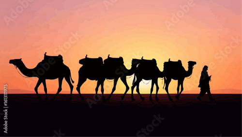 Silhouetted Camel Caravan at Sunset, Nomadic People Leading Camels Across Desert Landscape, Traditional Middle Eastern Journey, Warm Color Sky, Adventure Travel and Cultural Exploration


