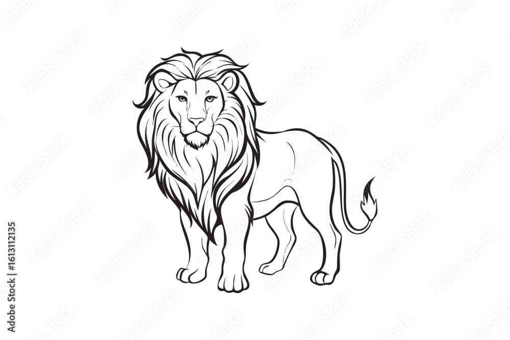 Obraz premium Majestic Lion Outline Illustration a Strong and Regal Feline with a Thick Mane Perfect for Coloring Pages Logos or Educational Materials Isolated on White