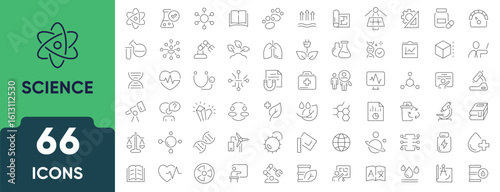 Science Line Icon Set. Includes 66 outline icons of lab equipment, molecules, experiments, research, biology, physics, and chemistry. Linear style. Editable stroke.