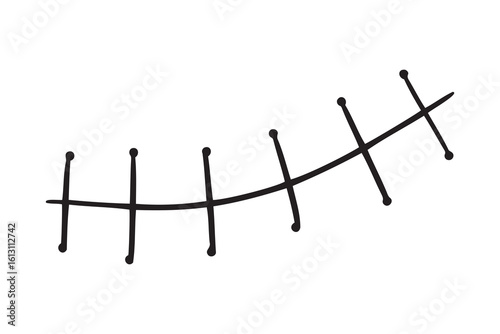 Rough seam, scar, cut, patch doodle hand drawn line Halloween element. Simple black line vector drawing