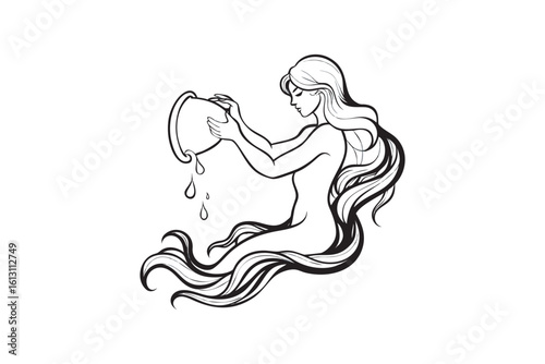 Aquarius Zodiac Sign Illustration Elegant Black and White Line Art of a Woman Pouring Water Ideal for Astrological Designs and Creative Projects with a Mystical