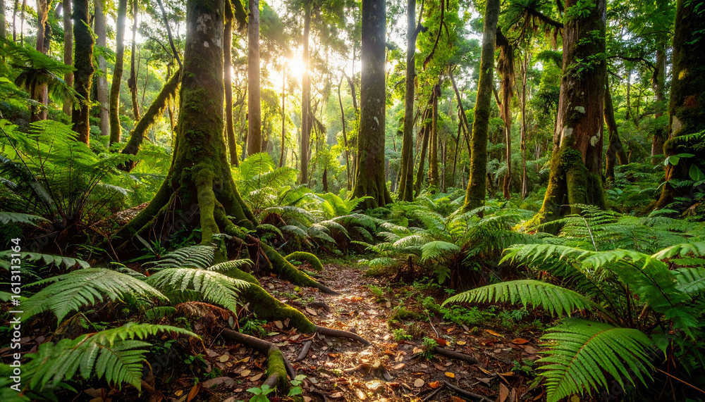 Fototapeta premium Sunlit Fern Path in Dense Green Rainforest with Mossy Trees
