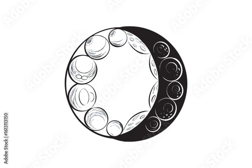 Stylized Lunar Cycle Illustration with Black and White Moons Depicting the Phases of the Moon in a Circular Arrangement Isolated on a White Background Minimalist