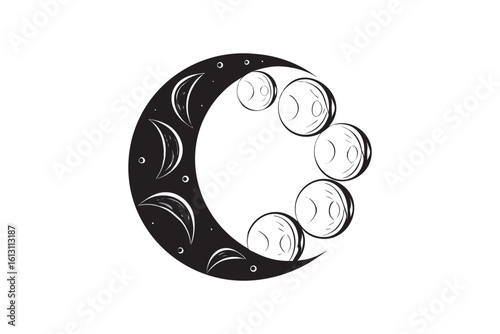 Stylized Moon Phases Illustration in Black and White Depicting the Lunar Cycle with a Celestial and Mystical Theme Suitable for Spiritual or Astrological Designs
