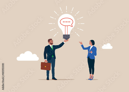 Business people holding hand hold brightly lit speech bubble lightbulb. Discussion, conversation, meeting, team communication. Modern flat vector illustration