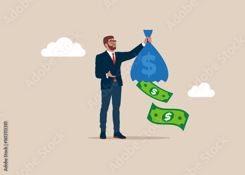 Upset businessman holding hold empty money bag. Broke human. No dollar money. Modern flat vector illustration