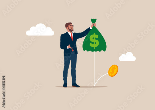 Upset businessman holding hold empty money bag. Broke human. No dollar coins. Modern flat vector illustration