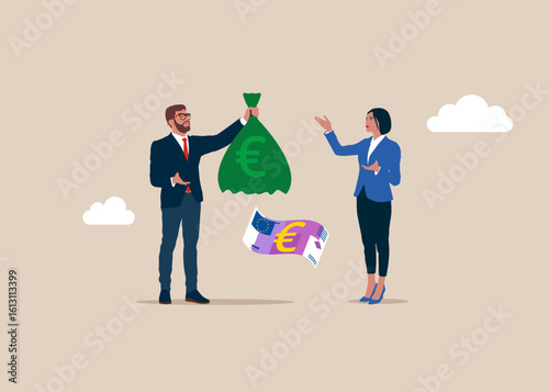 Upset businessman holding hold empty money bag. Broke human. No euro money. Modern flat vector illustration