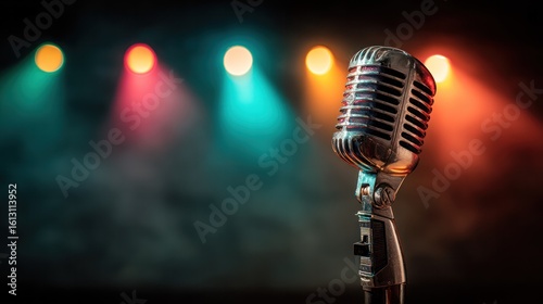 Close-up of microphone on stage bathed in colorful live show lights